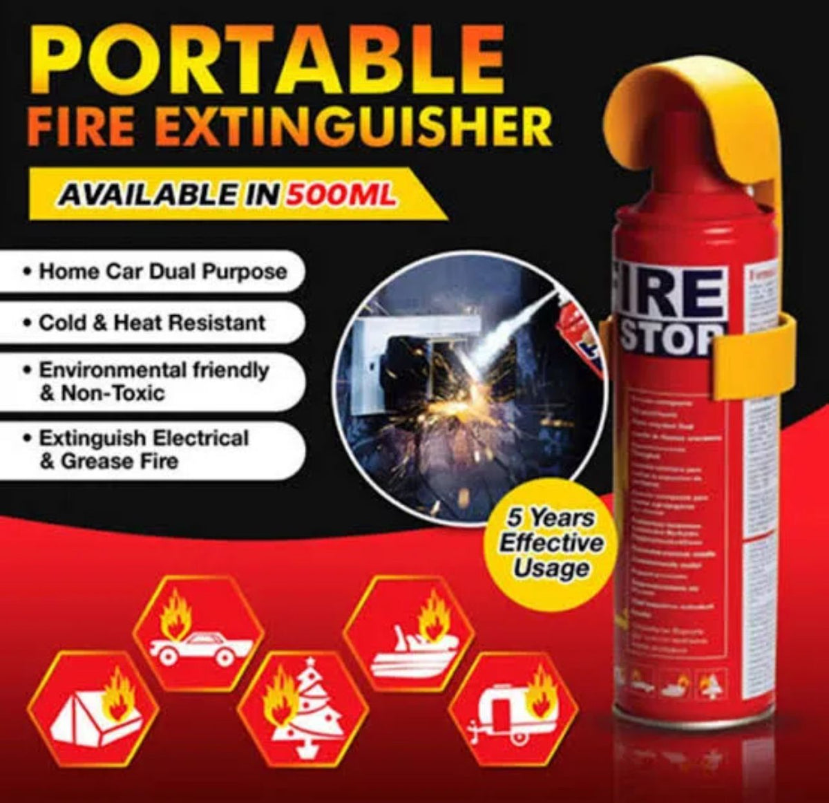 Portable Mini Fire Extinguisher, Fire Stopper Spray 500 Ml